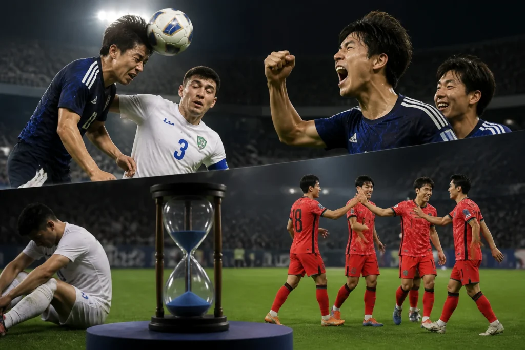 일본-우즈베키스탄 준결승 1-1 연장, 한국은 결승 전 회복 여유 확보 관련 이미지