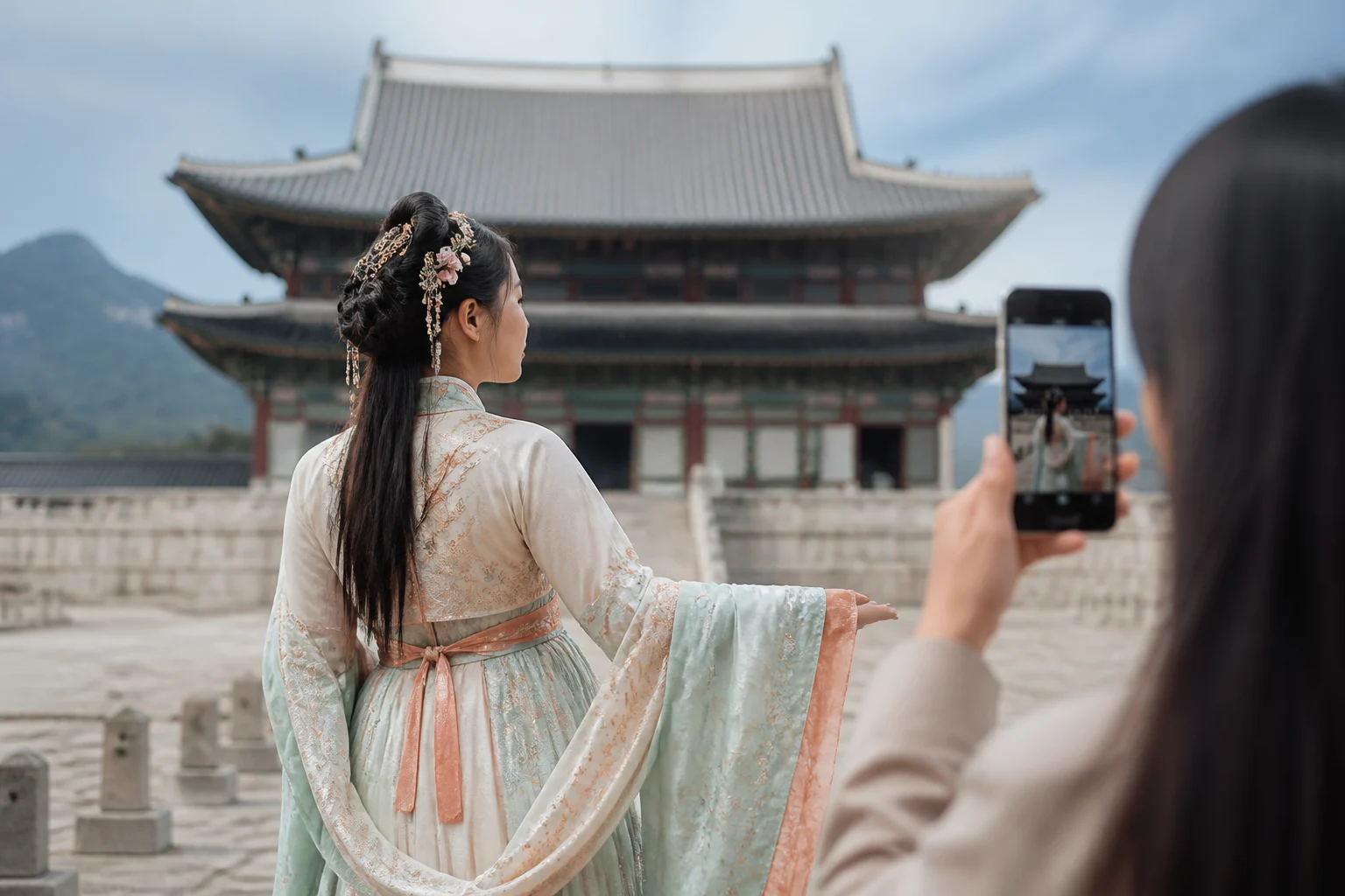 경복궁 배경에 한푸 입은 인플루언서 게시물, 언론 보도는 있으나 원링크는 불명확 관련 AI 이미지